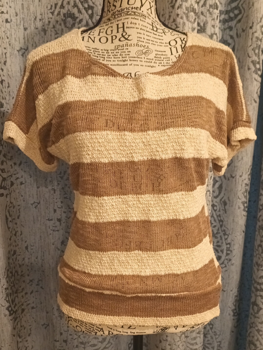 Annabelle Cream and Brown Striped Knit Short-Sleeve Top